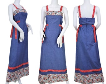 1970's Chambray Blue Cotton Smock Apron Dress Border Print I Sz Sm I Lisanne Jrs I Sleeveless I Maxi Dress