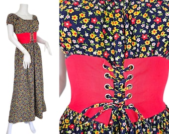 Maxi robe paysanne bleu marine rouge imprimé petites fleurs corset en coton des années 1970 I Sz Sm