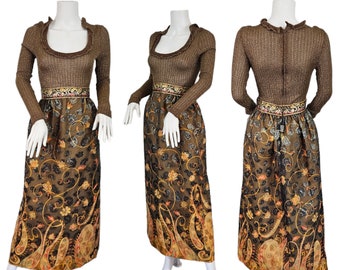 Pat Richards 1970's Brown Lurex Paisley Print Long Metallic Maxi Dress I Sz Sm