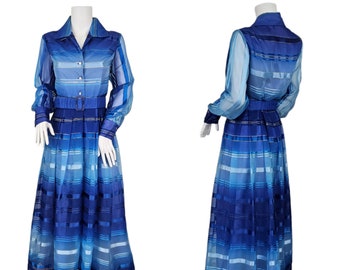1970's Gradient Blue Stripe Chiffon Maxi Dress I Sz Med I Solo