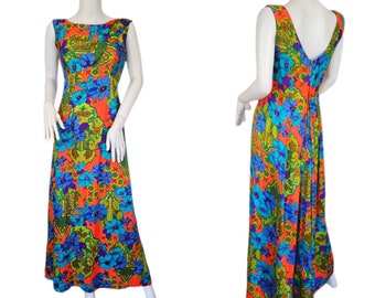 Hawaiian Togs 1970's Psychedelic Neon Blue Orange Floral Maxi Dress I Sz Med I Hawaii