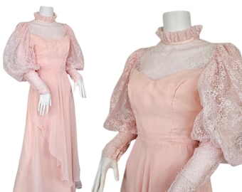 1970's Pale Pink Chiffon Lace Mutton Sleeve Maxi Dress I Sz Sm I Cottagecore