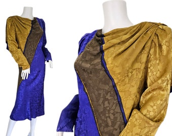 1980's Chartreuse Purple Color Blocked Embossed Silk Art Piece Shift Dress I Sz Lrg I Silk Studio