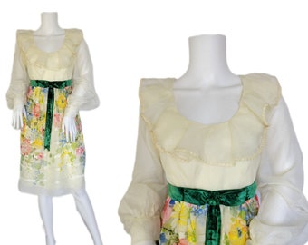 1960's Ivory Floral Chiffon Pastel Baby Doll Dress I Sz Med I Neiman Marcus