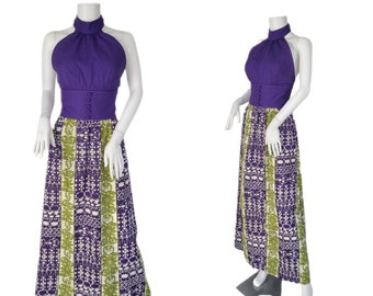 Tori Richards 1960's Purple Green Hawaiian Barkcloth Tropical Print Halter Back Maxi Dress I Sz Med