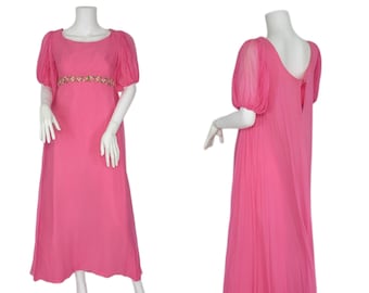 1960's Pink Silk Empire Waist Sheath Maxi Dress I Sz Med