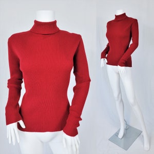 1970's Merlot Red Ribbed Acrylic Turtle Neck Zip Up Knit Sweater I Sz Med image 1