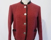 Vintage Burgundy Cropped Bavarian Austrian Wool Coat Jacket Madarin Collar Sz. Med Andreas Hofer Tyrol Metal Buttons