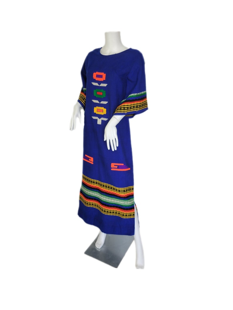 1960's Royal Blue Woven Caftan Smock Maxi Dress I Sz Med I Neon I Mexican I Resort Wear image 9