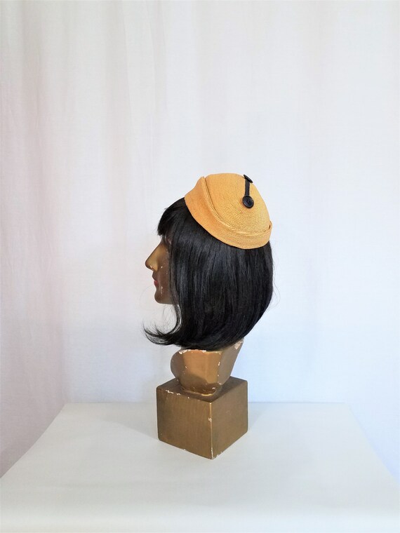 1950's Ben Wolfman Oval Tan Black Straw Button Hat I … - Gem
