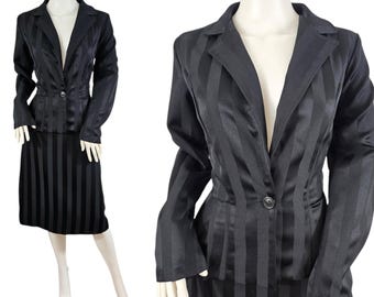 1980s Black Poly Rayon Tone on Tone Striped Blazer Skirt Suit Set Med JF Sweet
