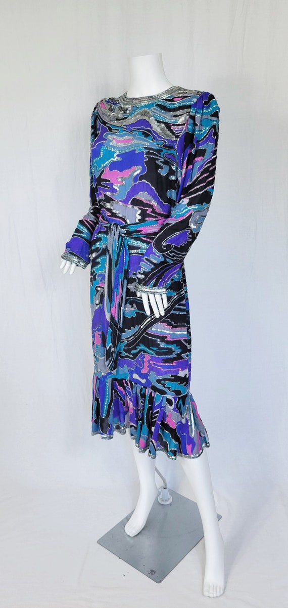 1980's Blue Pink Beaded Sequin Belted Silk Dress … - image 6