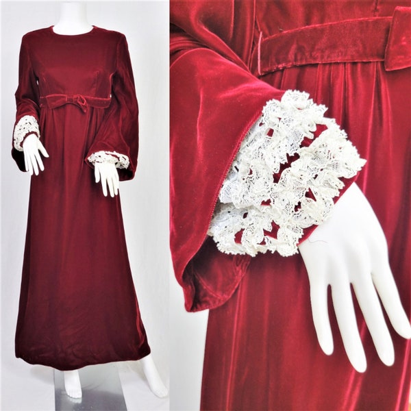 1960's Lorrie Deb Burgundy Velvet Long Empire Waist Maxi Dress I Balloon Bell Sleeves I Sz Med