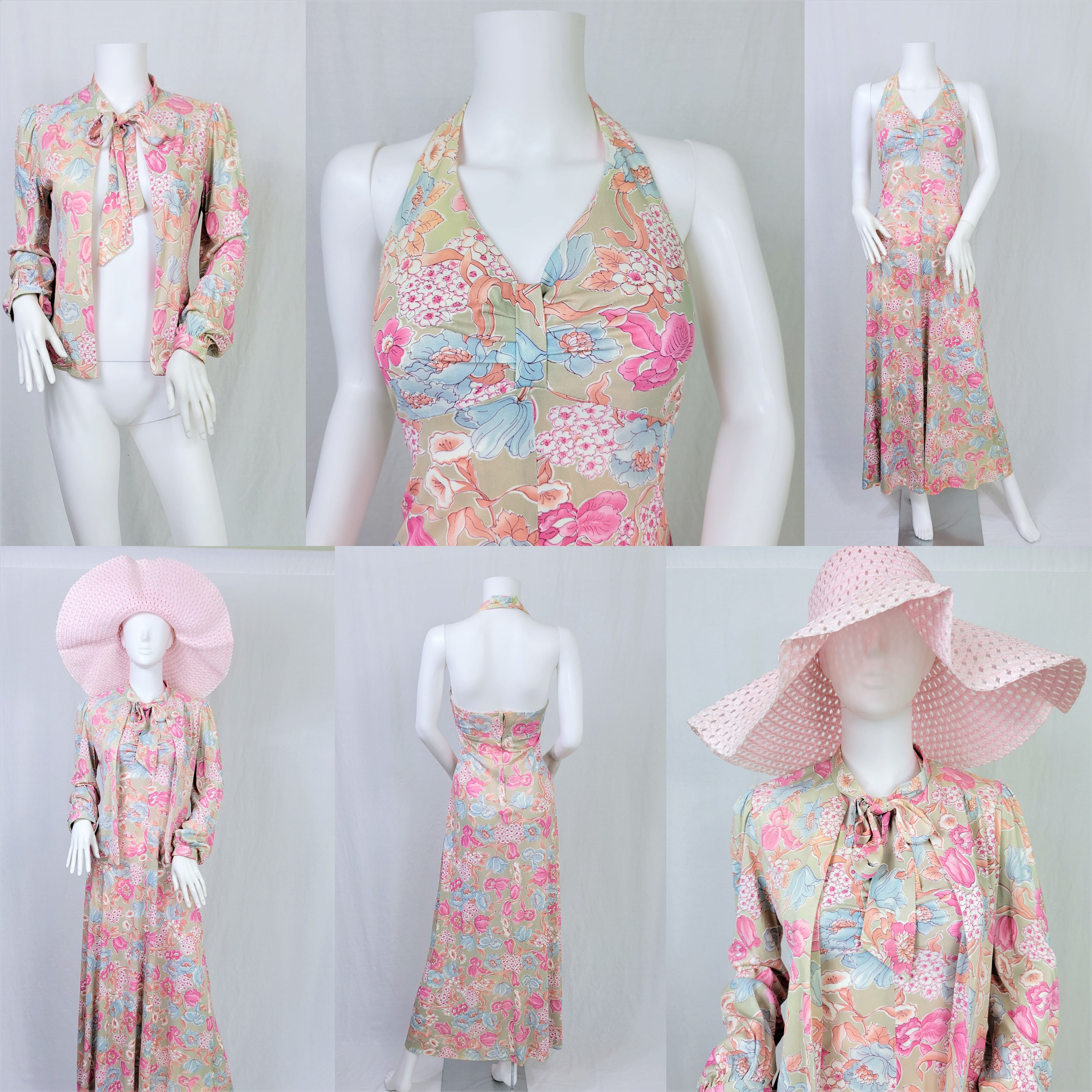 Hat Sold Separately 1970's Pastel Floral 2 Pc Halter Dress and Jacket I 70's does 30's I Sz Sm