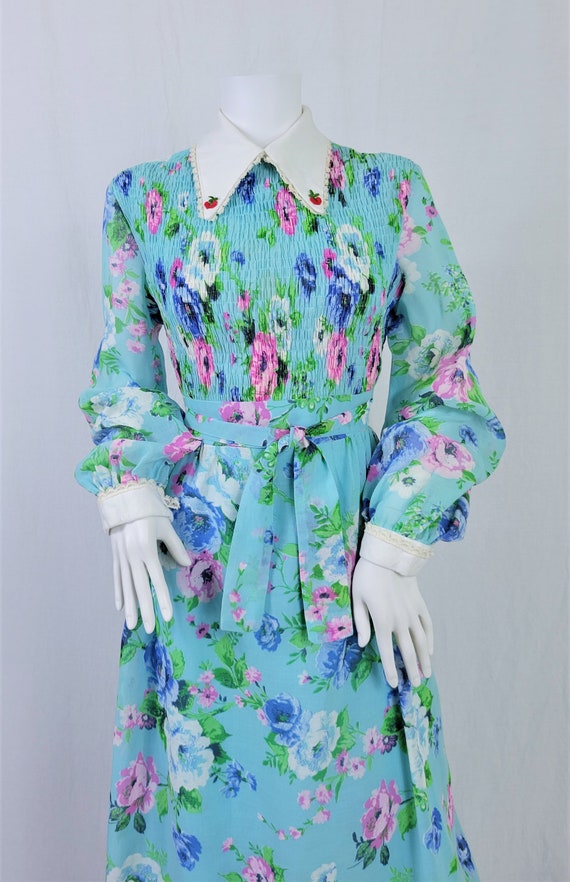 1970's Turquoise Blue Pink Floral Long Maxi Dress… - image 2