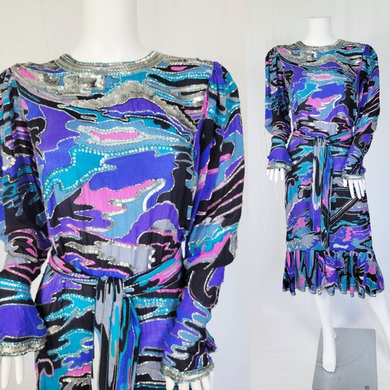 1980's Blue Pink Beaded Sequin Belted Silk Dress … - image 1