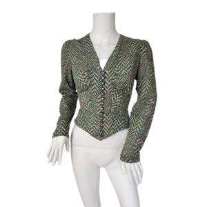 2 Pc 1970's Green Pixilated Herringbone Print Shirt Mini Skirt Top Suit Set I Sz Sm image 9