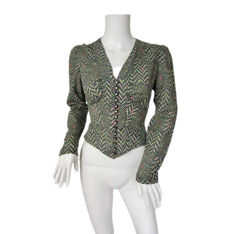 2 Pc 1970's Green Pixilated Herringbone Print Shirt Mini Skirt Top Suit Set I Sz Sm image 9