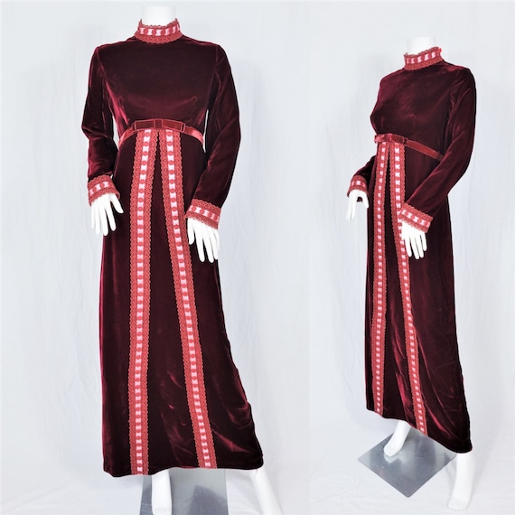 1970's Burgundy Velvet Empire Waist Long Maxi Dre… - image 2