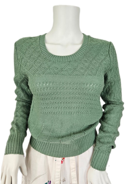 1970's Mint Green Open Weave Acrylic Pullover Swe… - image 3