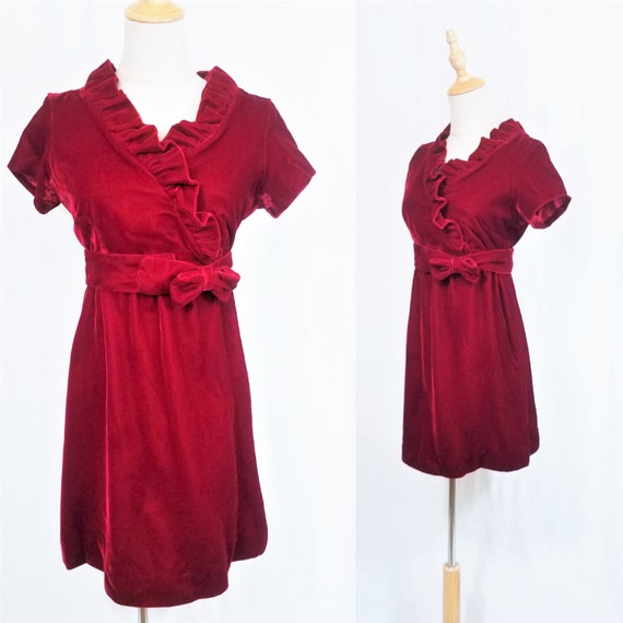 1960's Cabernet Red Rayon Velvet MOD Babydoll Dres