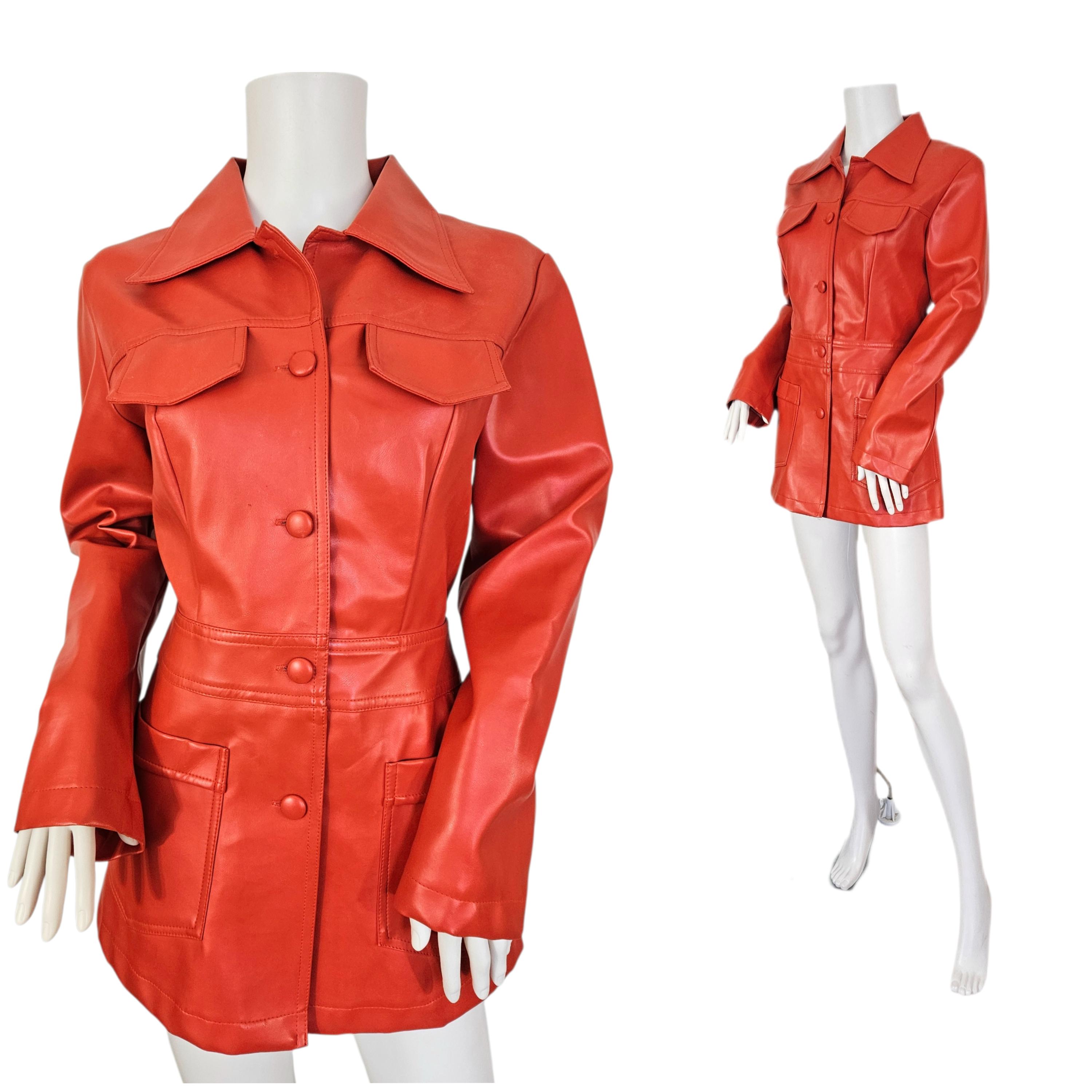 Blouson Vintage Années 70 En Skaï Vinyle - Rouge, Taille 36/38, Occasion Très Bon état