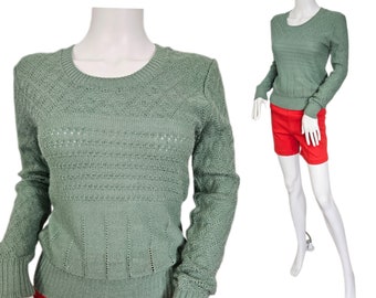 1970's Mint Green Open Weave Acrylic Pullover Sweater I Sz Med I Garland