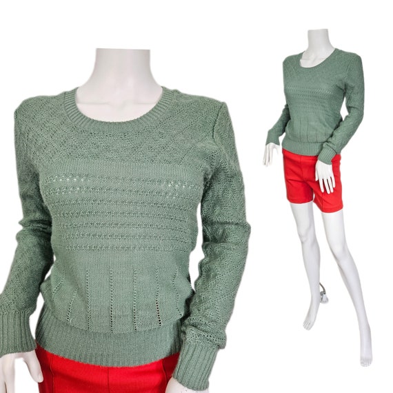 1970's Mint Green Open Weave Acrylic Pullover Swe… - image 1
