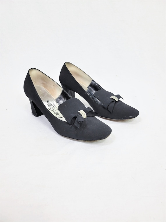 1960's Black Faille Fabric Rhinestone Pumps Shoes 