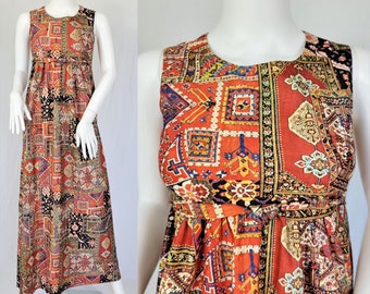 1970's Orange Tapestry Print Long Poly Empire Waist Maxi Dress I Sz Sm