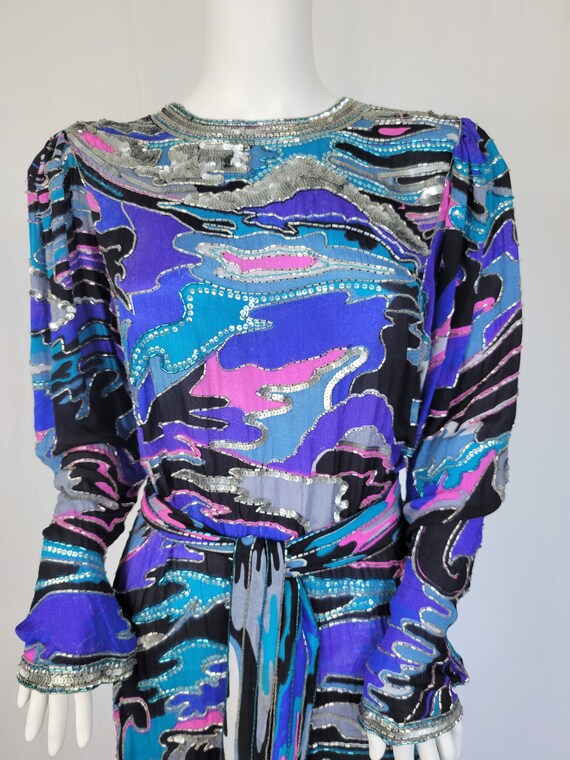 1980's Blue Pink Beaded Sequin Belted Silk Dress … - image 2