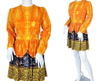 1960's Orange Psychedelic Batik Print Short Mini Dress I Sz Med I Hippie I Border Print I MOD