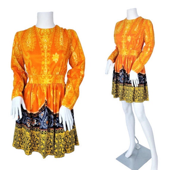 1960's Orange Psychedelic Batik Print Short Mini … - image 1