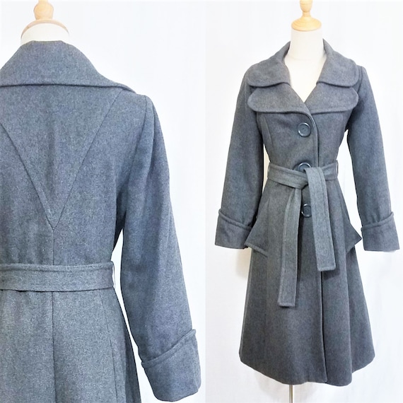 1970's Grey Wool Belted Princess Coat I Sz Med