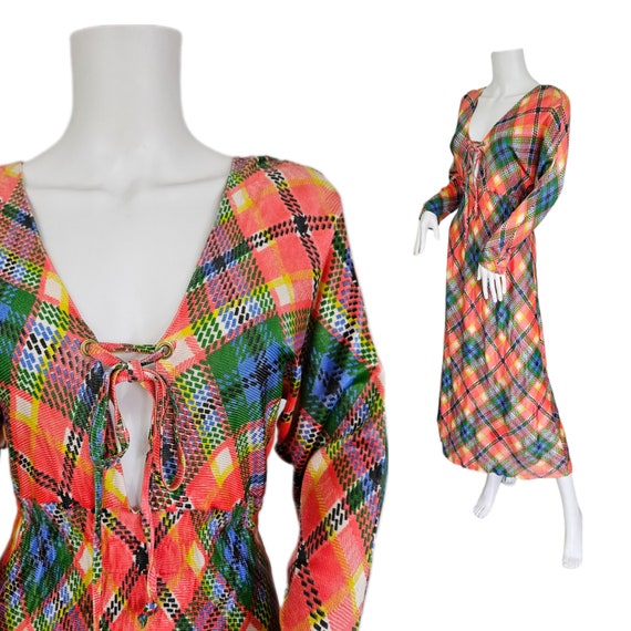 1970's Melon Plaid Slinky Acetate Low Cut Maxi Dr… - image 2