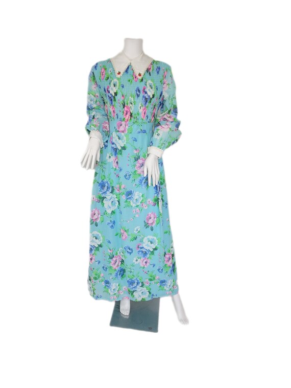 1970's Turquoise Blue Pink Floral Long Maxi Dress… - image 10