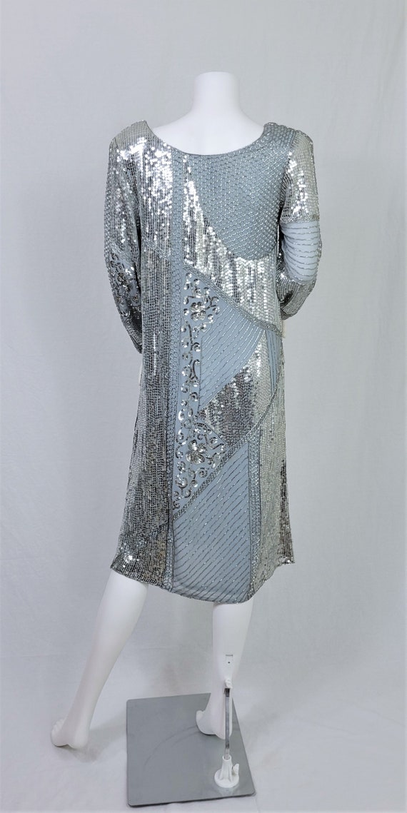 1980's Slate Blue Silk Beaded Shift Dress I Silve… - image 8