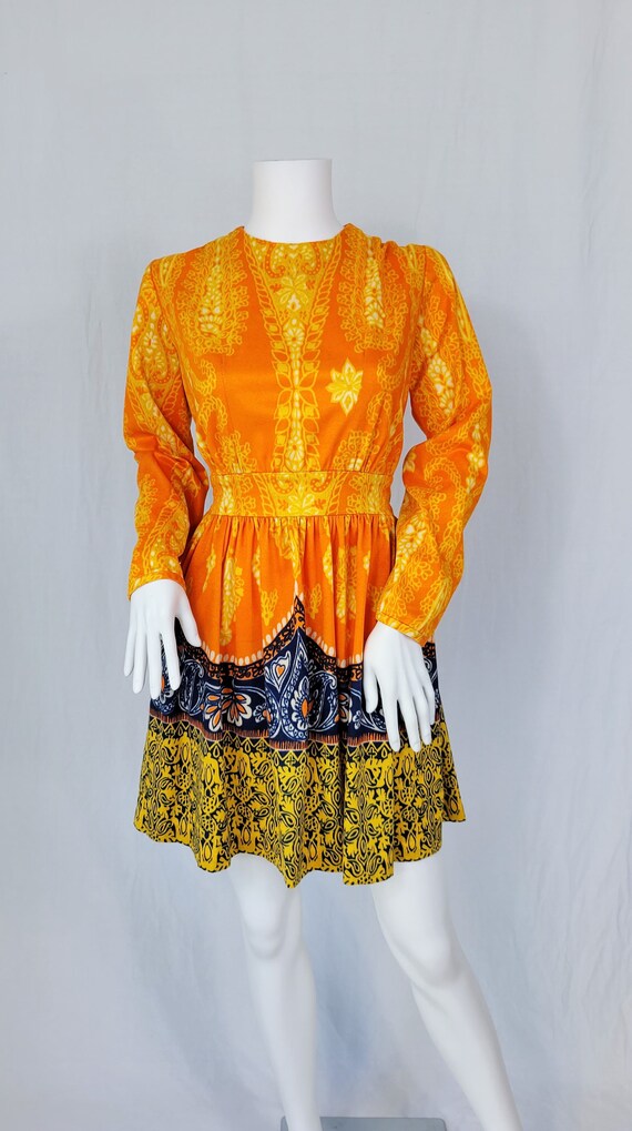 1960's Orange Psychedelic Batik Print Short Mini … - image 2