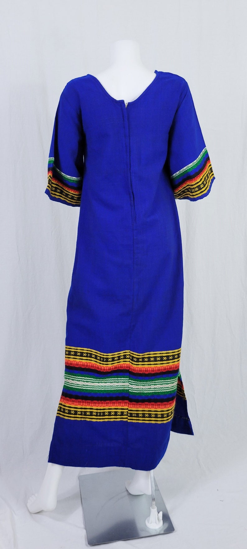 1960's Royal Blue Woven Caftan Smock Maxi Dress I Sz Med I Neon I Mexican I Resort Wear image 5