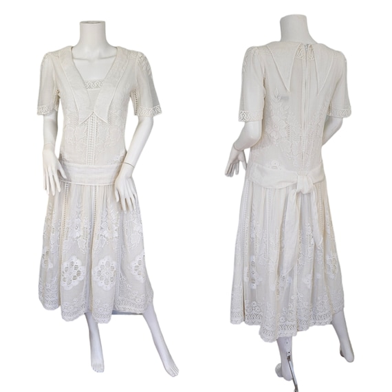 Vtg 1980's St. Simone White Cotton Crotchet Dress 