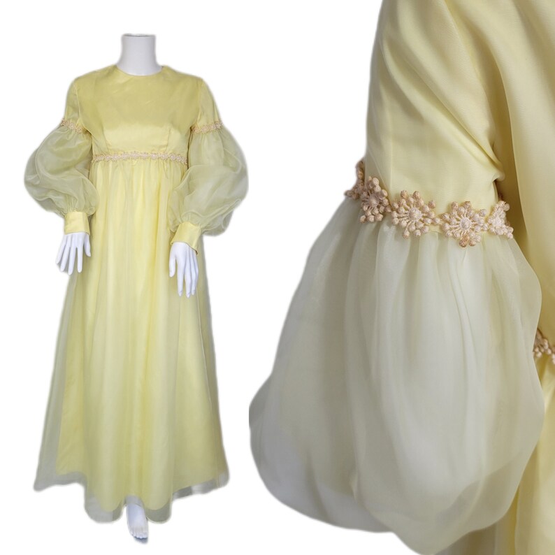 Lorrie Deb 1960's Pale Yellow Bridgerton Style Empire Waist Chiffon Maxi Dress I Sz SM image 1