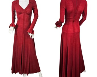 California Look 1970s Brick Red Jersey Knit Long Maxi Dress I Sz Sm