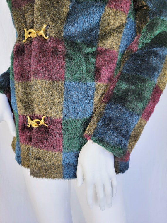 Colorblock 1980's Blue Black Plaid Faux Fur Fuzzy… - image 4