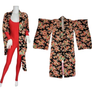 1960's Black Rayon Crepe Art Deco Print Floral Kimono Robe I Sz Med image 1