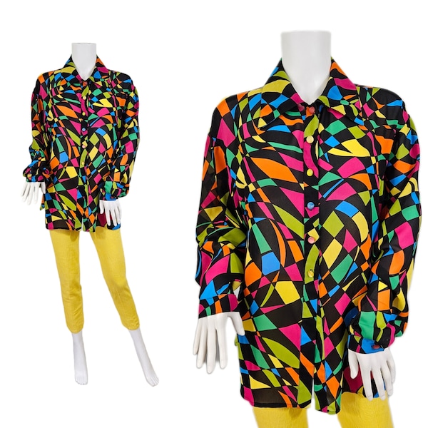 Platinum 1990's Stained Glass Psychedelic Print Button Down Blouse I Top I Shirt I Sz Med I Dorothy Schoelen