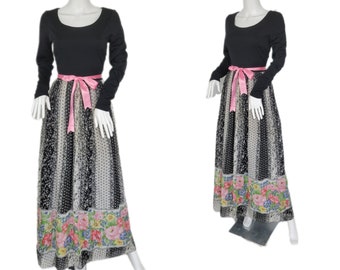 Miss Elliette 1970's Calico Toile Black Pink Floral Border Print Maxi Dress I Sz Med