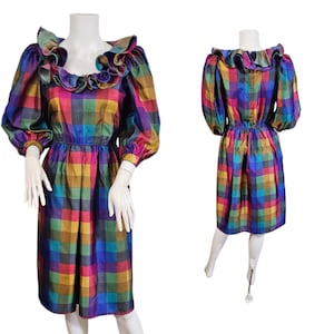 1980s Rainbow Plaid Print Colorful Ruffled Collar Dress I Sz Med I Donna Morgan NSP