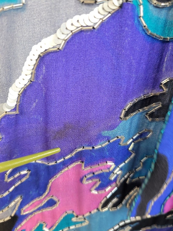 1980's Blue Pink Beaded Sequin Belted Silk Dress … - image 10