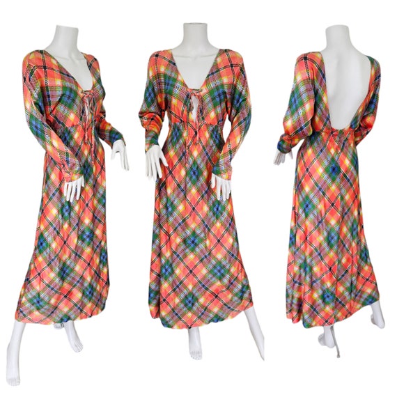 1970's Melon Plaid Slinky Acetate Low Cut Maxi Dr… - image 1