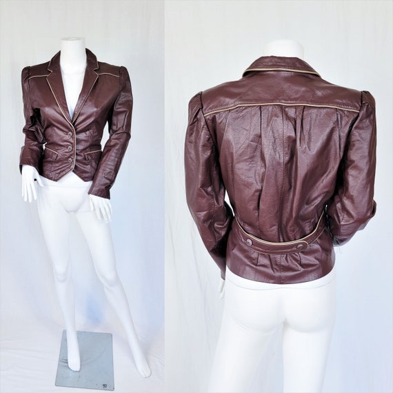 1970's/80's Cropped Brown Leather Belted Back Fit… - image 1